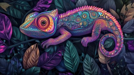 Obraz premium Vibrantly Colored Veiled Chameleon on Leaves