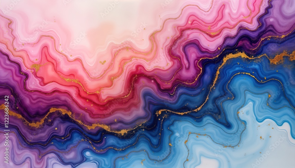 Poster fluid art abstract background with vibrant colors like pink blue purple, red. gold details create el