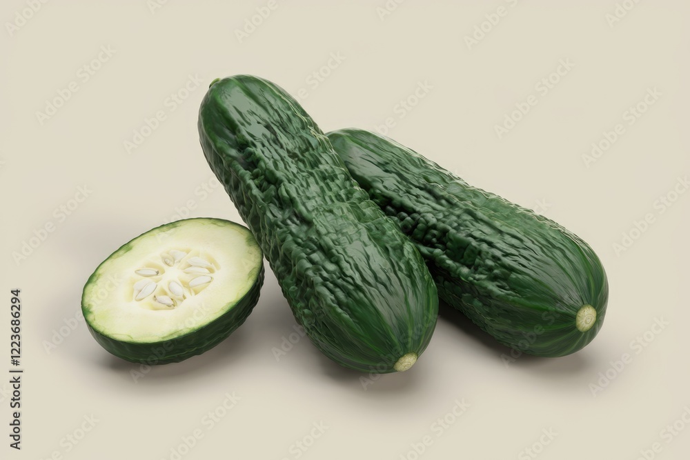 Poster two whole cucumbers and a half cucumber on a neutral background.