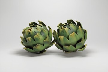 Obraz premium Two whole artichokes with green and yellow hues sit on a white surface.