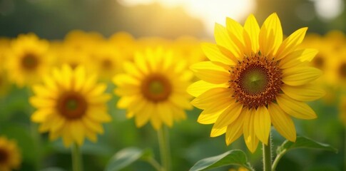 Fototapeta premium Shining sunflowers in a field of heart-shaped wild flowers, bright yellow petals, yellow hues