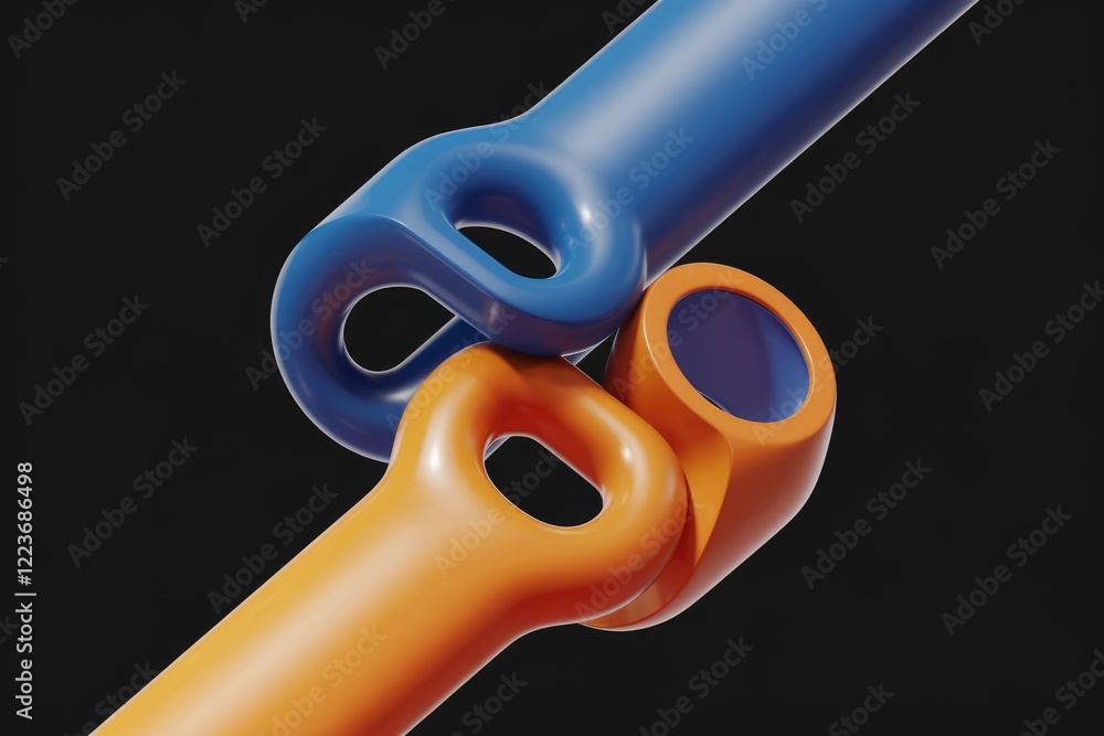 Poster two intersecting 3d tubes, one blue and one orange, create a unique shape.