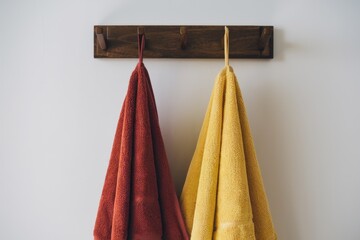 Two towels hanging on a wooden rack against a white wall.