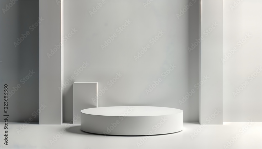 Poster Empty white pedestal product display. Minimalist modern design. Blank space for product placement. Geometric shapes create clean aesthetic. Ideal for various items. Versatile design. Suitable for