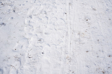 Close-up view of fresh snow covering the ground with visible footprints and tracks, showcasing winter weather's natural beauty and outdoor exploration possibilities