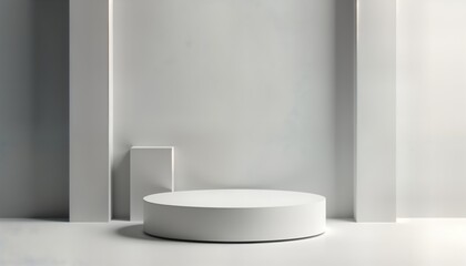 Empty white pedestal product display. Minimalist modern design. Blank space for product placement. Geometric shapes create clean aesthetic. Ideal for various items. Versatile design. Suitable for