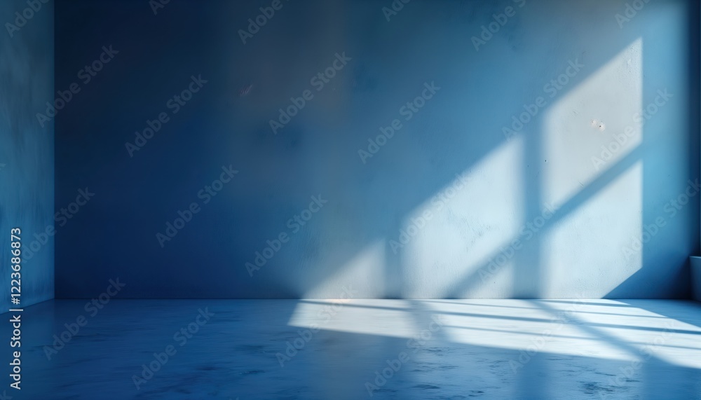 Poster empty indoor space with blue tones. sunlight casts shadows on floor, wall. interior design concept. 