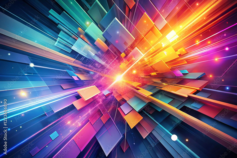 Poster abstract vibrant colorful geometric shapes exploding outwards, creating a dynamic, high-energy compo