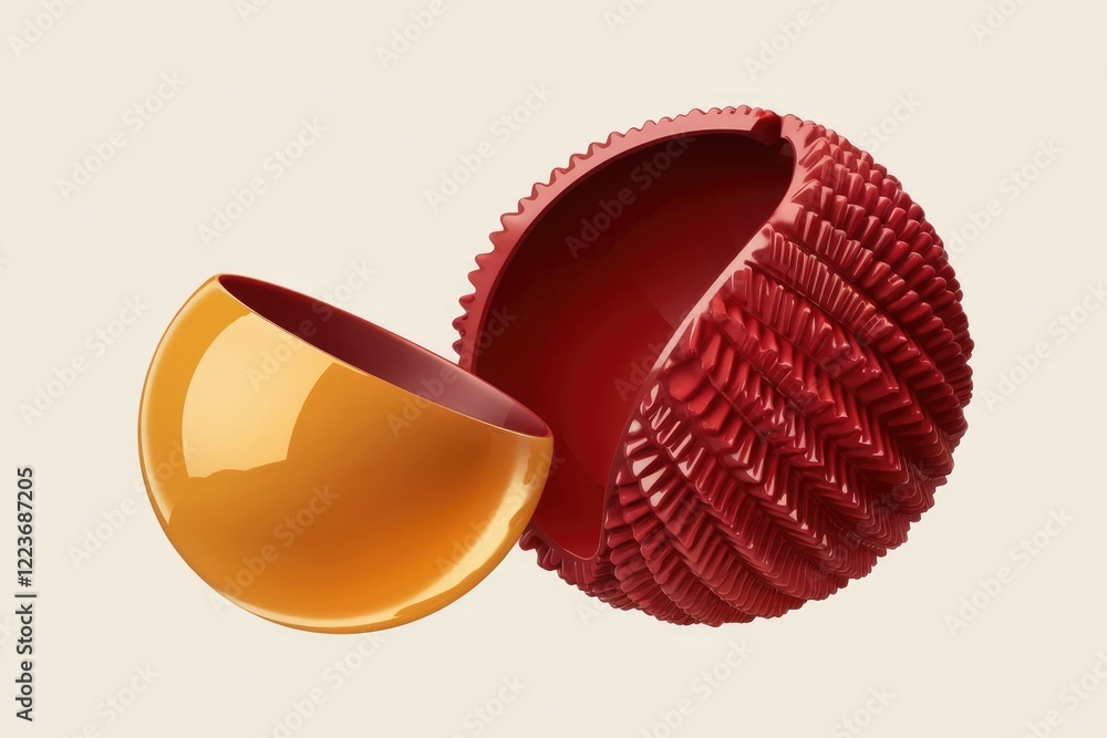 Poster a red sphere with a textured surface, split open to reveal a yellow sphere inside.