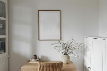 Spring interior still life. Cup of coffee, tea on old books. White blossoming cherry plum tree...