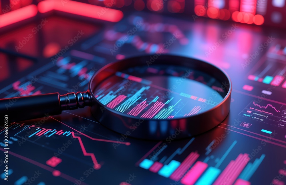 Aufkleber Digital data analysis. Magnifying glass focuses on financial charts, graphs on neon screen. Futuristic tech concept. Business data visualization. Modern tech tools for research, investigation.