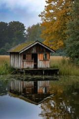 Obraz premium A small wooden house sitting on top of a body of water