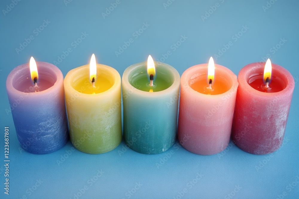 Poster a row of colorful candles with a blue background. the candles are lit and arranged in a row