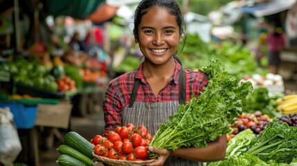 Naklejka premium A young woman smiles warmly as she proudly displays fresh produce at a vibrant farmer's market. The colorful vegetables and her cheerful demeanor create a lively atmosphere.