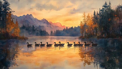 Watercolor a group ducks swimming in a row across a peaceful lake at dawn
