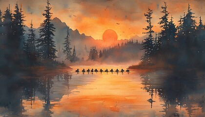 Watercolor a group ducks swimming in a row across a peaceful lake at dawn