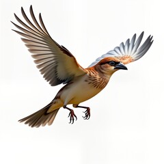 Obraz premium Detailed illustration of house sparrow in flight. Photorealistic rendering shows intricate wing details, feather patterns. Bird in mid-air against plain white background. Natural colors, lighting