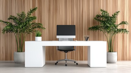 Modern minimalist office interior with desk, computer, and plants