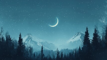 Obraz premium Serene winter night crescent moon over snowy mountains
