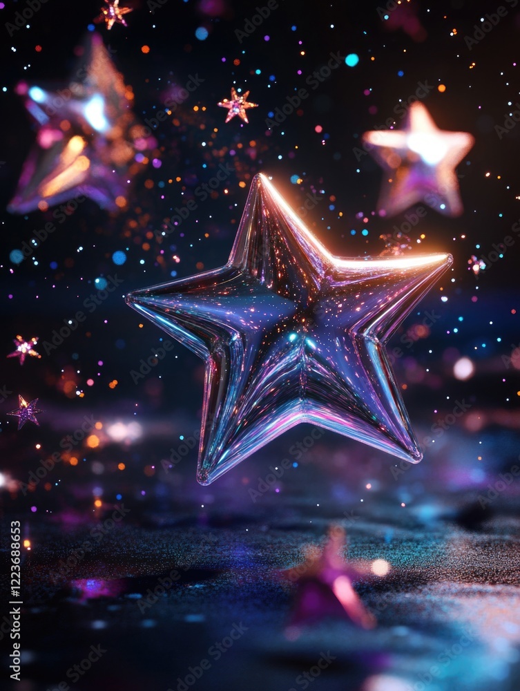 Aufkleber a star is floating in the air with other stars around it. the stars are all different sizes and colo