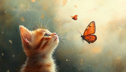 Watercolor a curious kitten batting at a fluttering butterfly, whiskers quivering with excitement