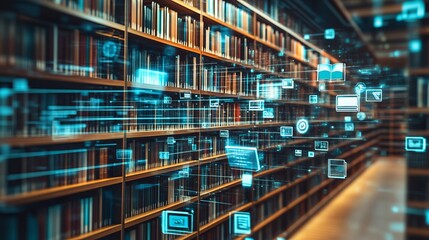 A digital library concept featuring numerous e-book icons, highlighting the availability of electronic books and internet-based knowledge repositories