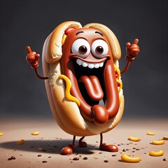 Digital matte painting with a hotdog with a funny face. The drawing is drawn in cartoon style.