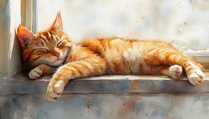 Watercolor a cat lazily stretching on a sunny windowsill, one paw dangling over the edge