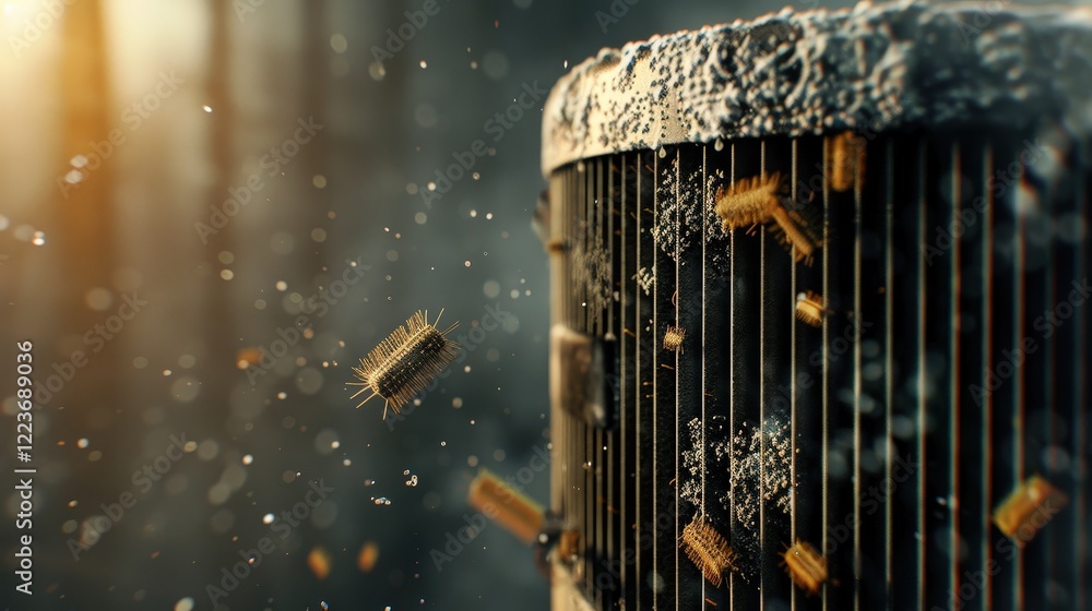 Poster air pollution pm2.5:dynamic dust particles surrounding a textured surface in warm light