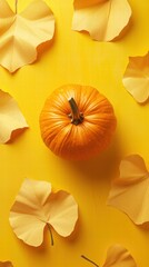 Naklejka premium Orange pumpkin and yellow leaves on vibrant surface flat lay