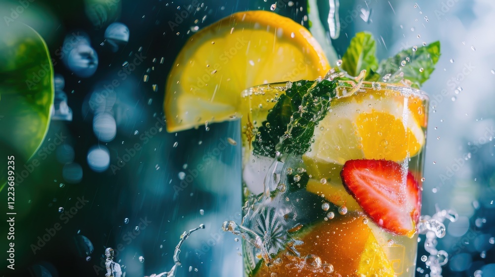 Poster a glass of mixed fruit juice with a slice of lemon and strawberry. the juice is splashing out of the