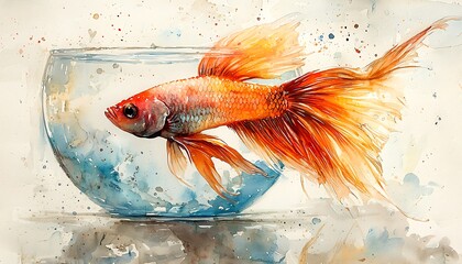 Watercolor a betta fish swirling around its bowl, fins flowing like silk