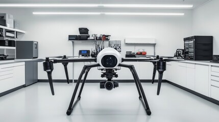 A high-tech autonomous drone with advanced navigation sensors displayed in a clean, modern tech lab, showcasing sleek design and functionality