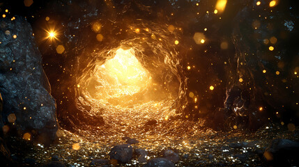 Naklejka premium Dwarves treasure in luminous underground caverns sparkling gold. fantasy wallpaper. Sparkling Cavern. Illustration