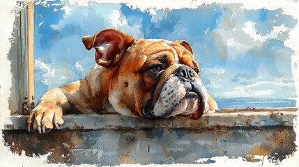 Watercolor illustration a grumpy old English bulldog sitting on a porch, watching the world go by