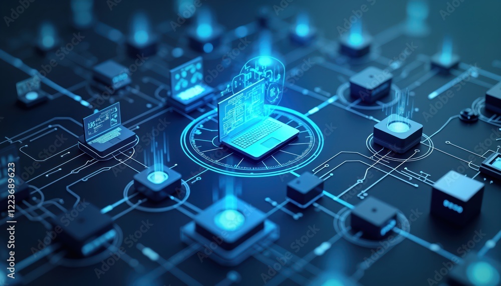 Aufkleber Futuristic tech network shows interconnected IoT devices glowing with blue neon light on dark background. Laptop, various smart devices linked by wireless network. Digital signals, data flow.