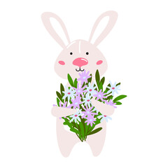 Cute bunny holding bouquet of spring flowers. For Easter cards, mother day cards, children designs. Vector illustration