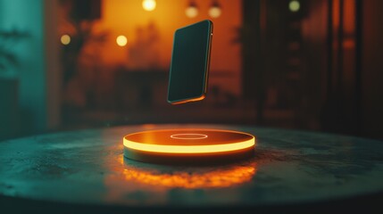 Futuristic wireless charging pad with glowing ring and hovering device