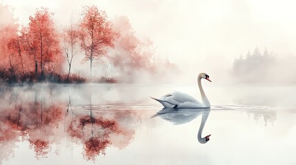 Watercolor illustration an elegant swan gliding across a misty lake at dawn, its reflection pristine in the calm water