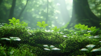 Fototapeta premium Sunlit Forest Moss, Plants, Sunlight, Nature Background, Ecology