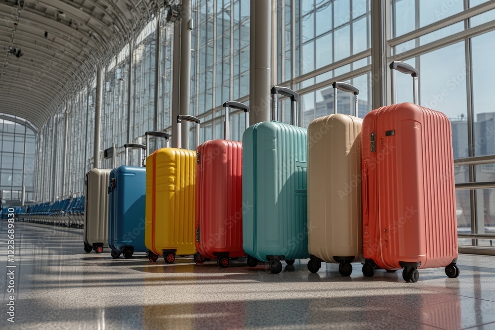 Poster a row of colorful suitcases are lined up on a tarmac. the suitcases are of different colors and size