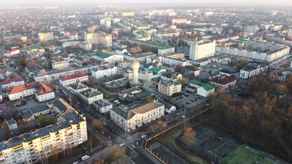 Obraz premium Panoramic aerial view of Baranovichi cityscape with buildings and streets, Belarus