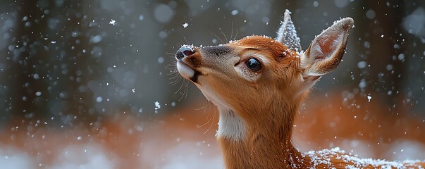 Scene a young deer sampling the first snowflakes winter, nose pointed towards the sky