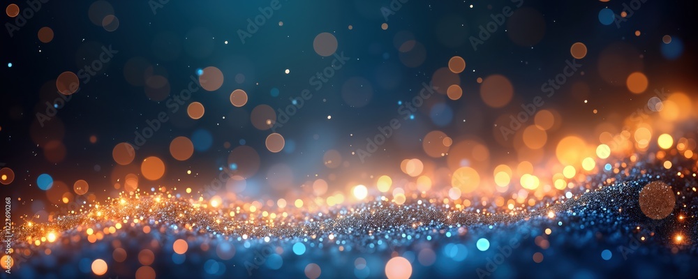 Poster Abstract glitter background with beautiful bokeh effect of gold, blue light. Shiny sparkles create dreamy, captivating atmosphere. Creative, elegant design for winter festive occasions. De focused