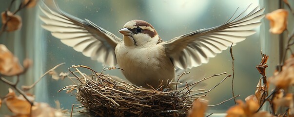 Scene a sparrow building a nest on a window ledge, busily flying back and forth with twigs