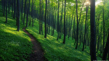 Fototapeta premium Sunlit forest path, hillside, spring bloom, nature