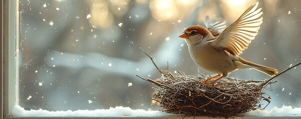 Scene a sparrow building a nest on a window ledge, busily flying back and forth with twigs