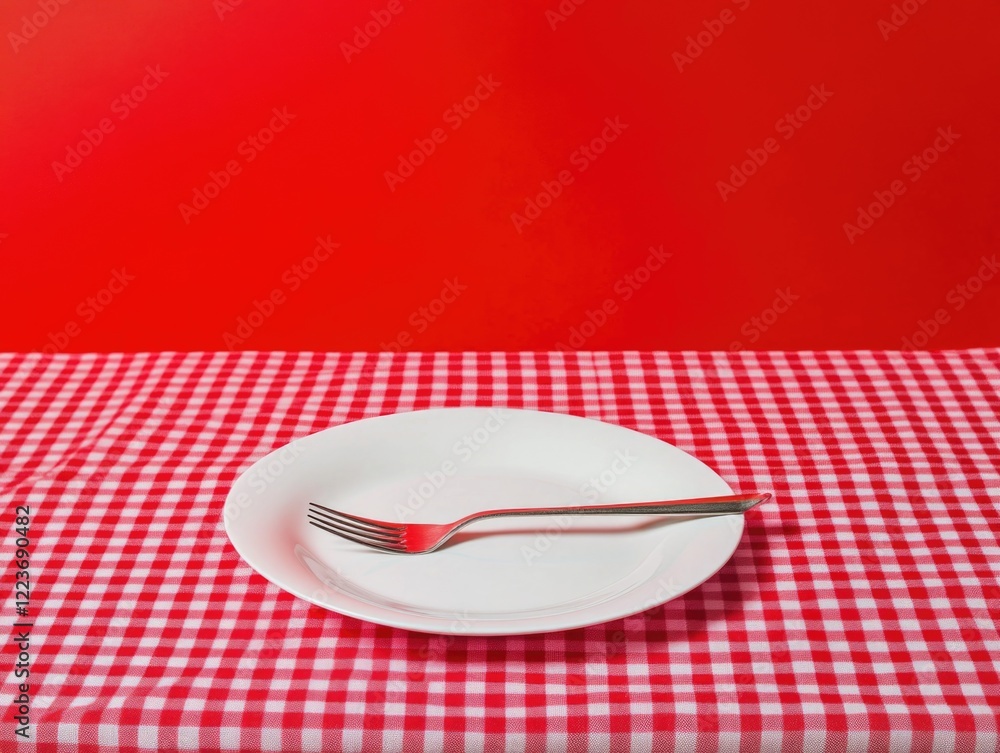 Poster a fork is on a white plate on a red checkered tablecloth. the plate is empty and the fork is the onl