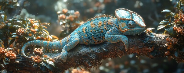 Scene a sleepy chameleon resting on a branch, its color changing subtly to match the foliage