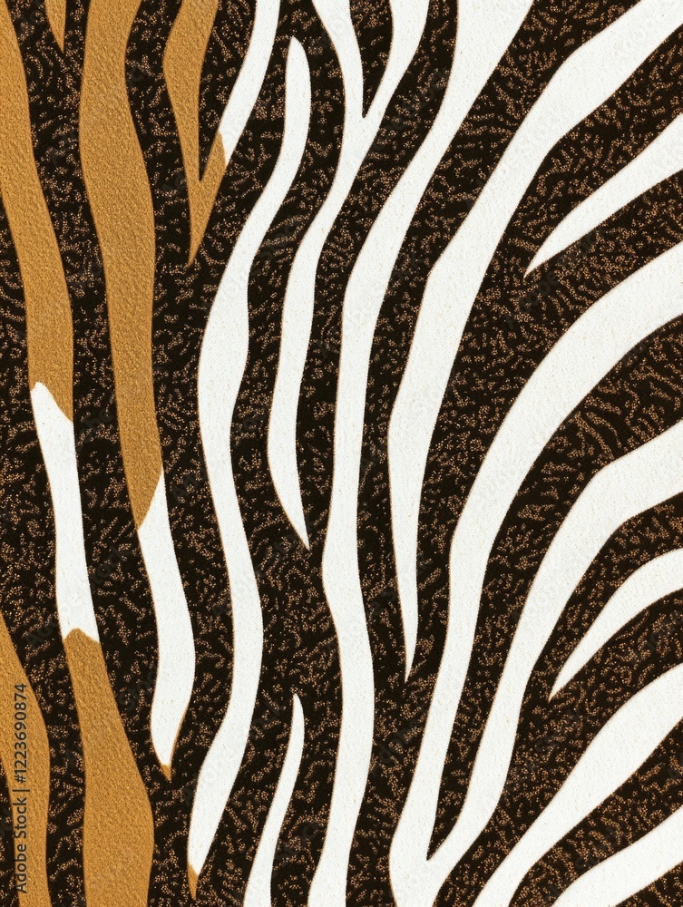 Poster a zebra print rug with brown and white stripes. the rug is made of a shiny material and has a zebra 